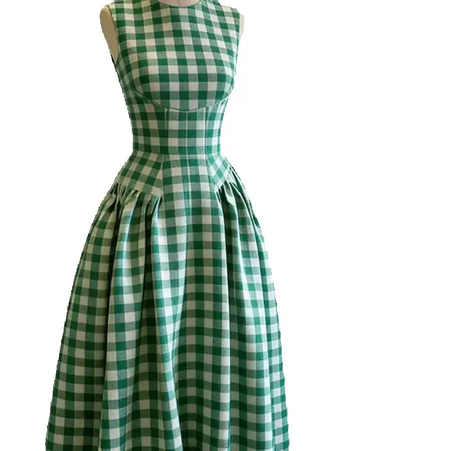 Abito Elegante Verde Menta a Quadri Senza Maniche da Donna, Gonna Lunga Estiva Stile Retrò di Nicchia, Vestibilità Slim - immagine 5