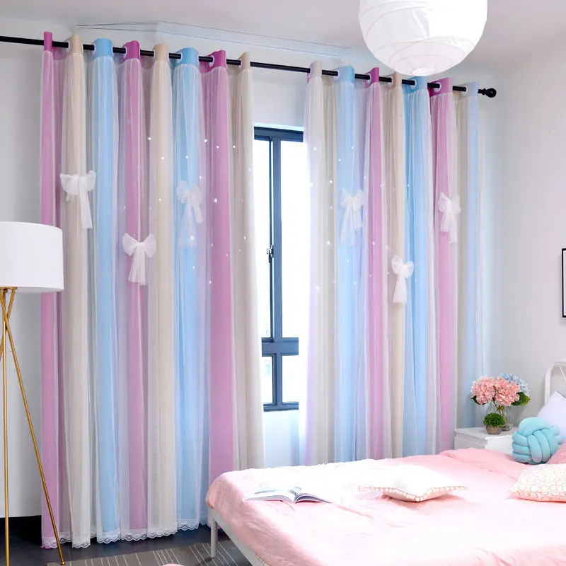 

Double Layer High Blackout Lace Hollow Star Curtains Gradual Change For Living Room Bedroom Partition Curtain Balcony Bay Wind