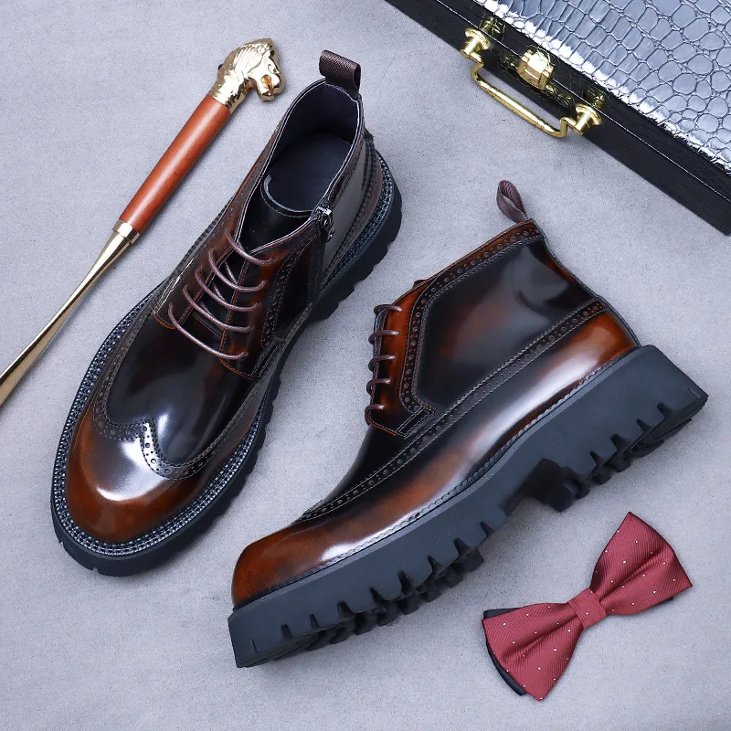 PDEP Martin Boots Thick Soles Shoes for Men Casual Bottines British Brock Cowhide Leather Bota Masculina Sapatos Masculino