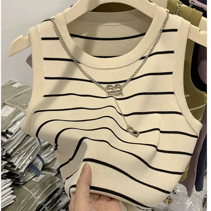 Top sin mangas de punto a rayas para mujer, Chaleco corto de cintura alta, camiseta sin mangas, Tops de corsé blanco 2023