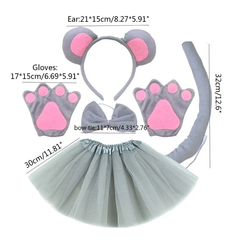 Children Boys Girls Role Play Mouse Costume Accessories Mouse Ears Headband Bowtie Gloves Tail Skirts for Party Stage Wear for Cosplay Costume