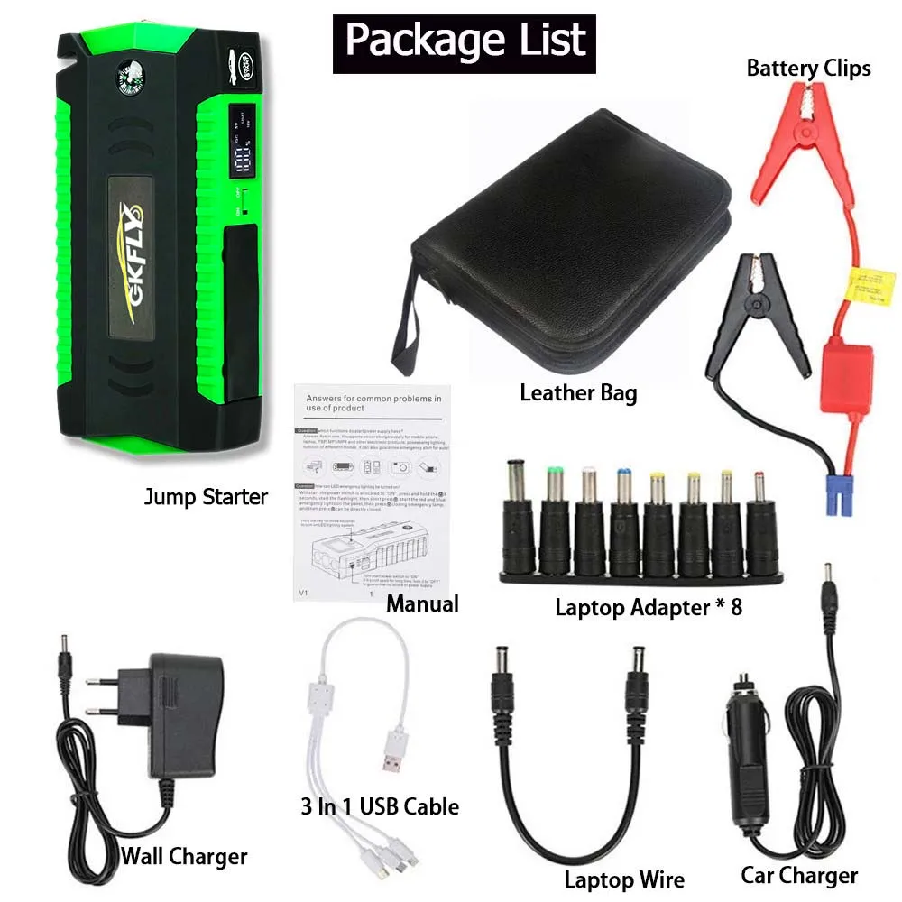 Car Jump Starter GKFLY 1500A 12V 18000mAh High Power Bank Lithium Polymer Battery Starting Device Booster Starter with Cables