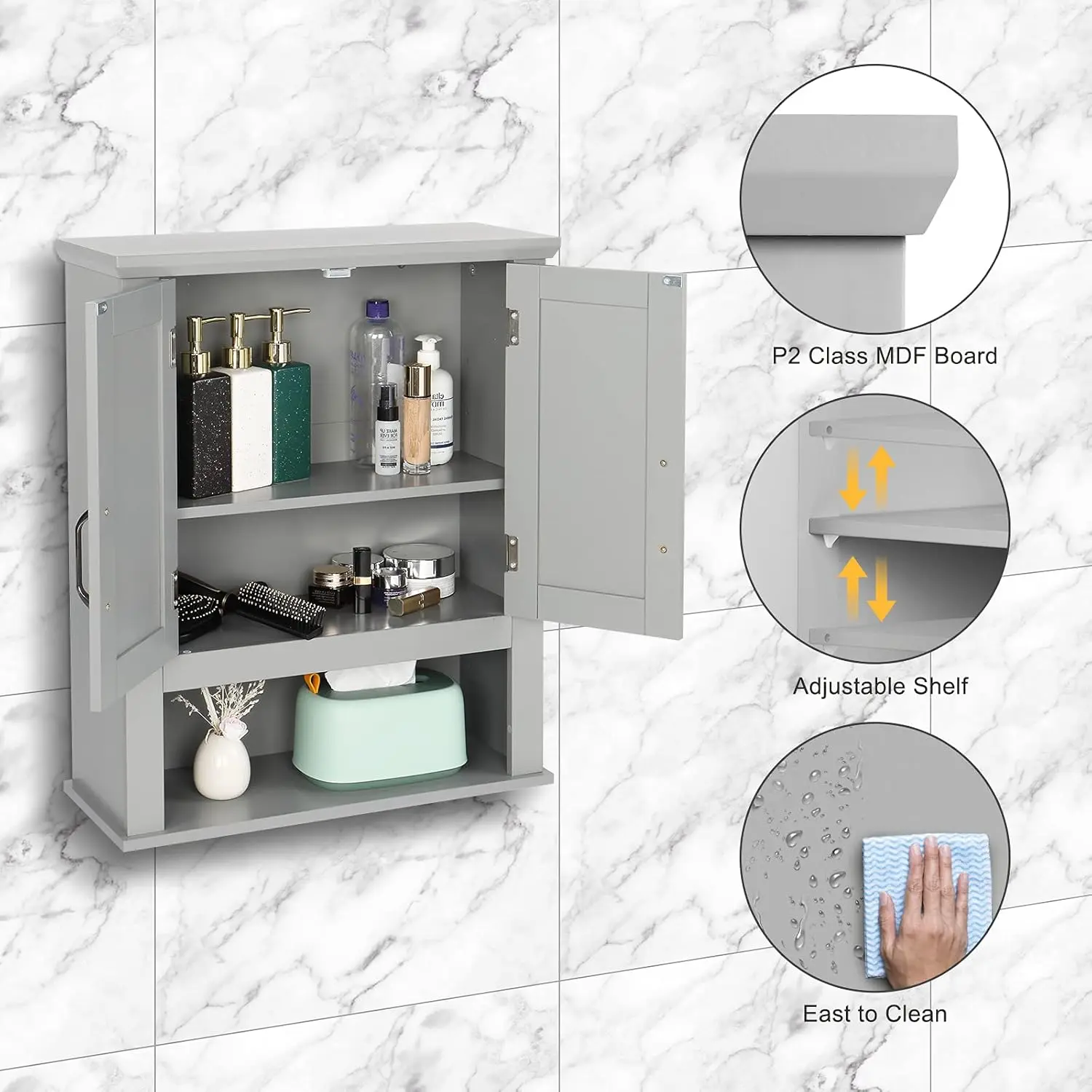 Medecine Cabinet with 2 Doors Bathrooom Wall Cabinet Grey Over The Toilet Storage Towel Cabinet 1 Adjustable Shelf Wooden