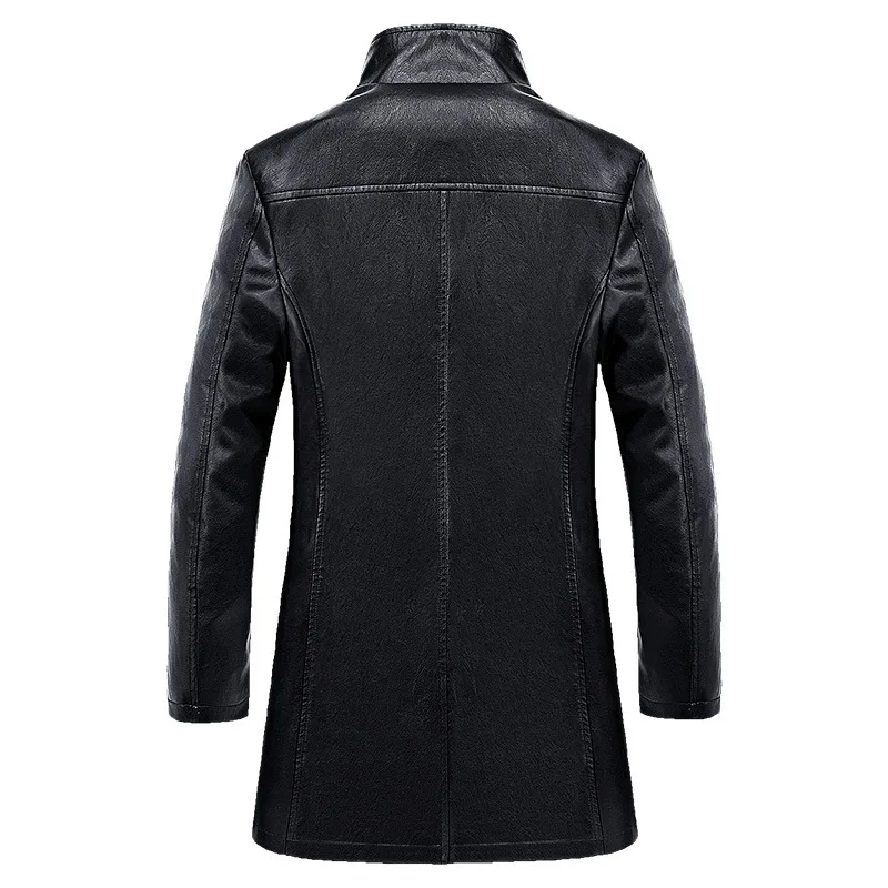 2023 Autumn Winter New Middle-Aged Men Leather Clothing with Stand Collar Men Mid-Length Leisure Loose Black Leather Trench Coat
