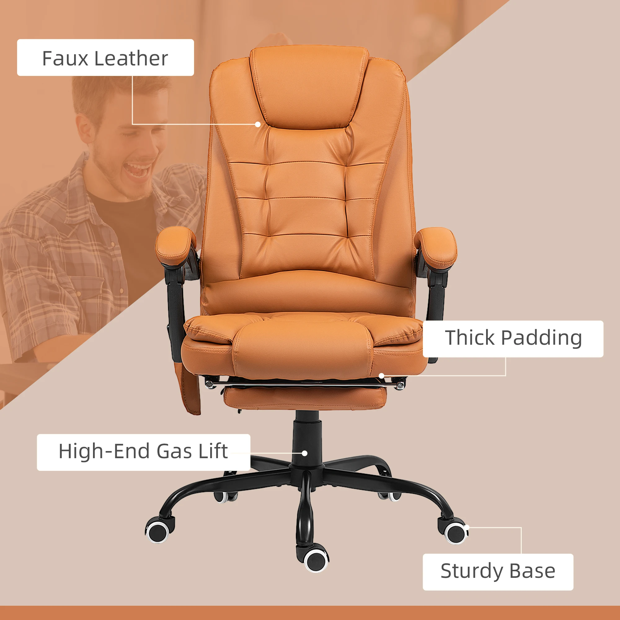 Pu Leather Massage Computer Chair W/ Padded Seat and Adjustable Height, Brown 4
