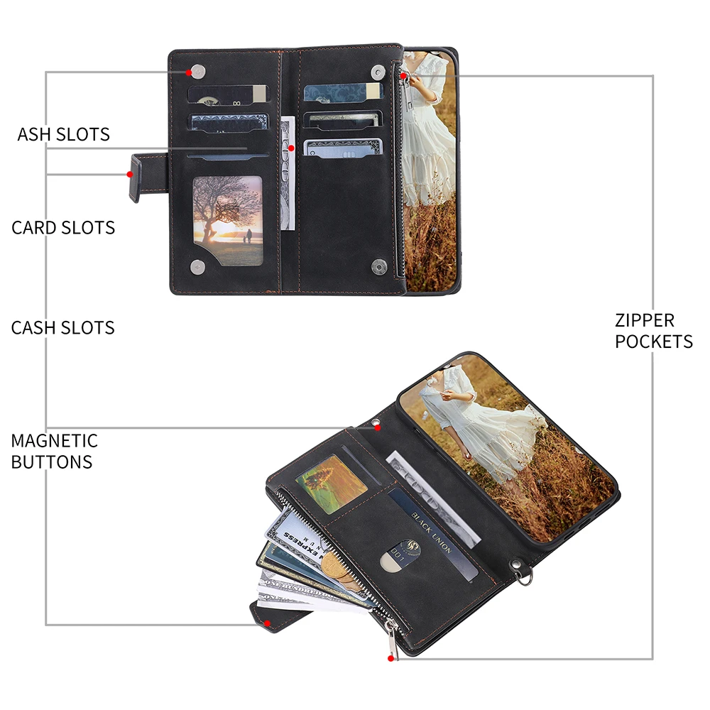 Zipper Multi Card Slots Wallet Flip Case For OPPO Realme 9i 8i 8 Pro C11 C20 C21 C30 C31 C35 Reno 8 7 6 5 5F 5Z 5G Phone Cover