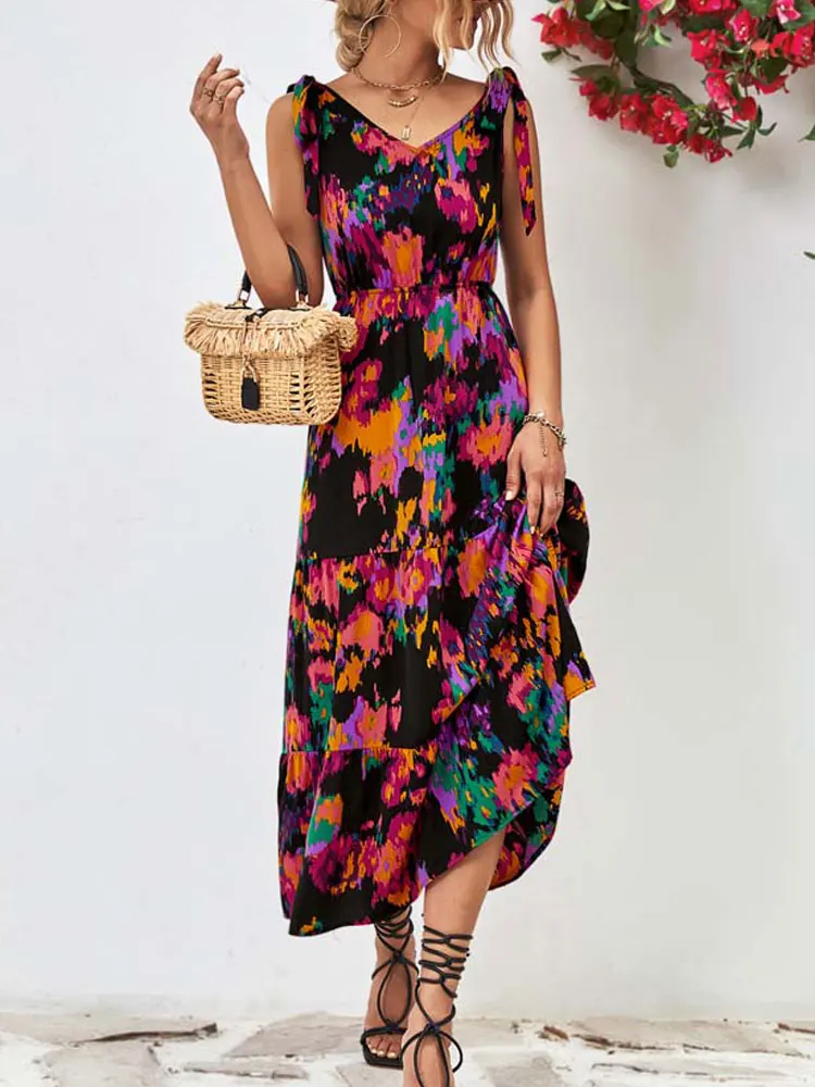 

2023 Summer Maxi Floral Dress Women Boho Long Party Dress Ladies V Neck A Line Flower Bohemian Slit Dress For Women