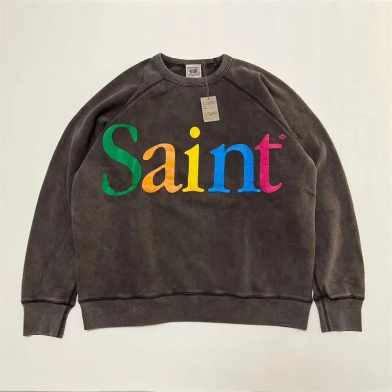 

New Fasion SAINT MICHAEL COLORFUL SAINT Sweatshirts Men Women 1:1 High Quality Hoodie Cracked Print Crewneck