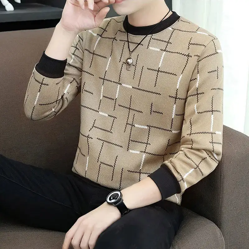 

Sweater Autumn Korean Tops Warm Knitted Pullovers All-match Stylish Casual New Printed Spliced Clothing O-neck 2022 Loose Men's
