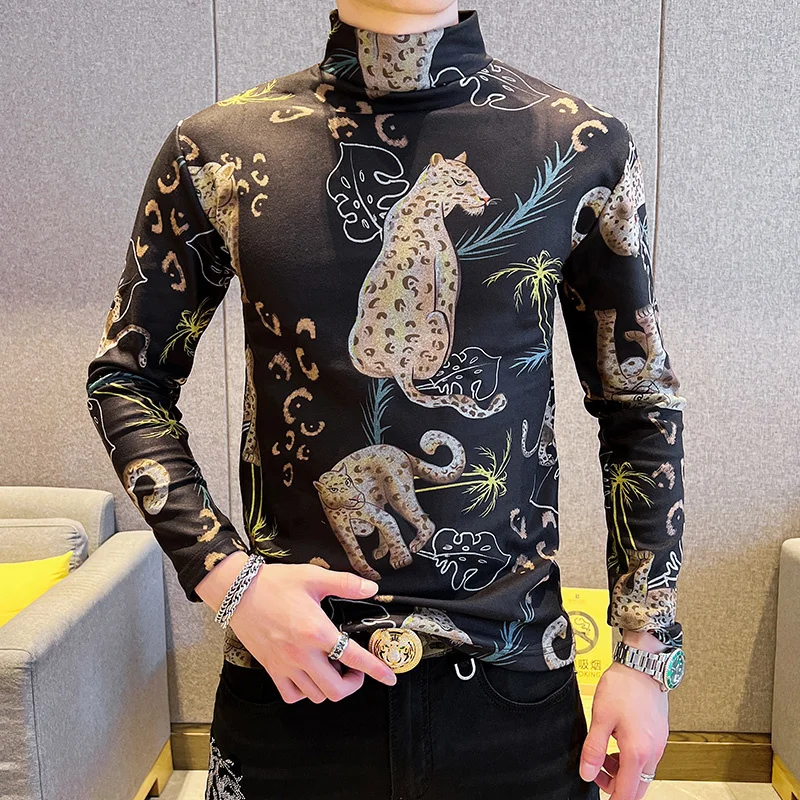

Turtleneck Fashion Brand Men Long-sleeved Pullover 2023 Spring Casual Personality Pattern Comfortable Funny Tee Shirt Homme