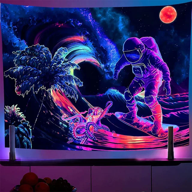 Tapisserie extraterrestre réactive UV à lumière noire, Hippie, hip hop, fluorescente, psychédélique, tenture murale d'astronaute, pour décoration de chambre à coucher 2