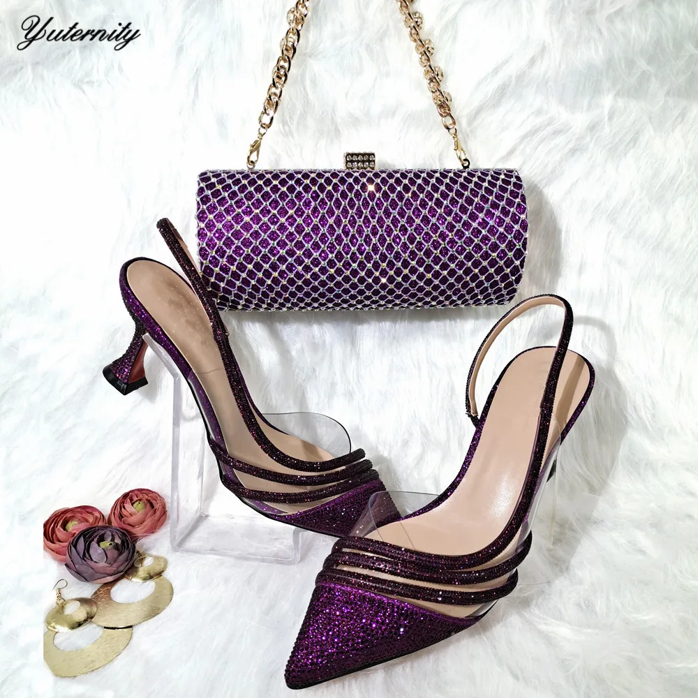 

New Arrival African Rhinestones Gold Ladies Shoes And Bag Set African Summer High Heels Shoes And Bag To Match Set For Party