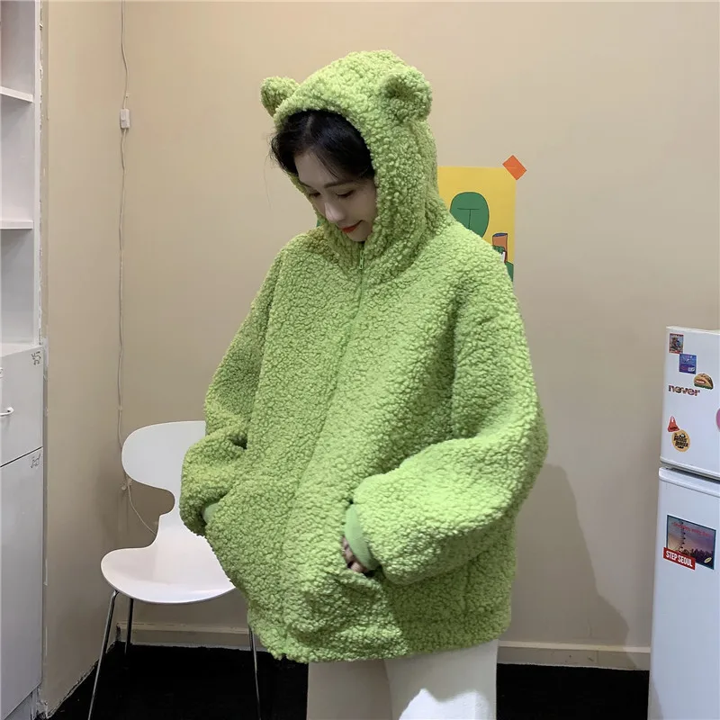 Lamb Wool Plush Long Sleeved Zippered Sweater Autumn and Winter New Loose and Cute Hooded Women Clothing