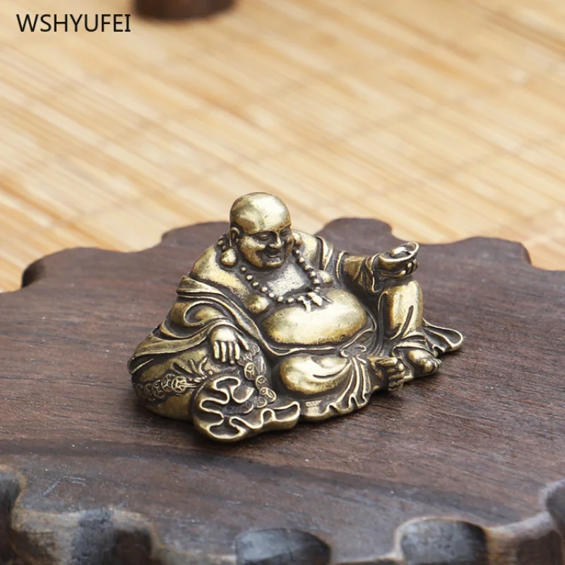 

Латунный Смеющийся Будда Maitreya, настольное украшение, сидячий Будда, раннее античное медное микро резное украшение
