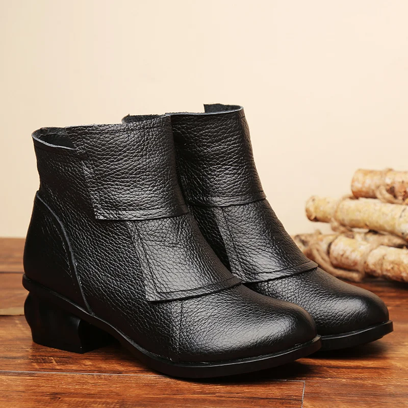 Retro wasserdichte Stiefeletten Damen echtes Leder blau quadratische Absätze Schuhe Damen Vintage bequeme Stiefel Luxus Schuh mit Absatz – Detail 4