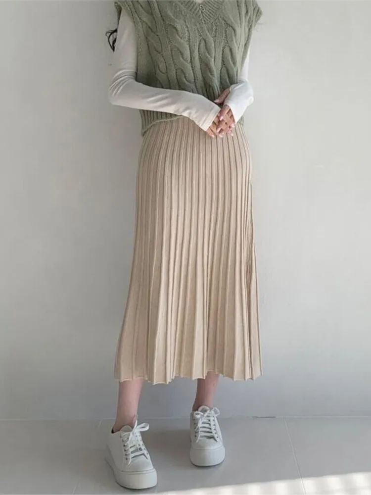 

Knitted Autumn Winter Midi A-Line Skirt Women High Waist Fashion Pleated Ladies Skirts Casual Loose Woman Skirt 2023