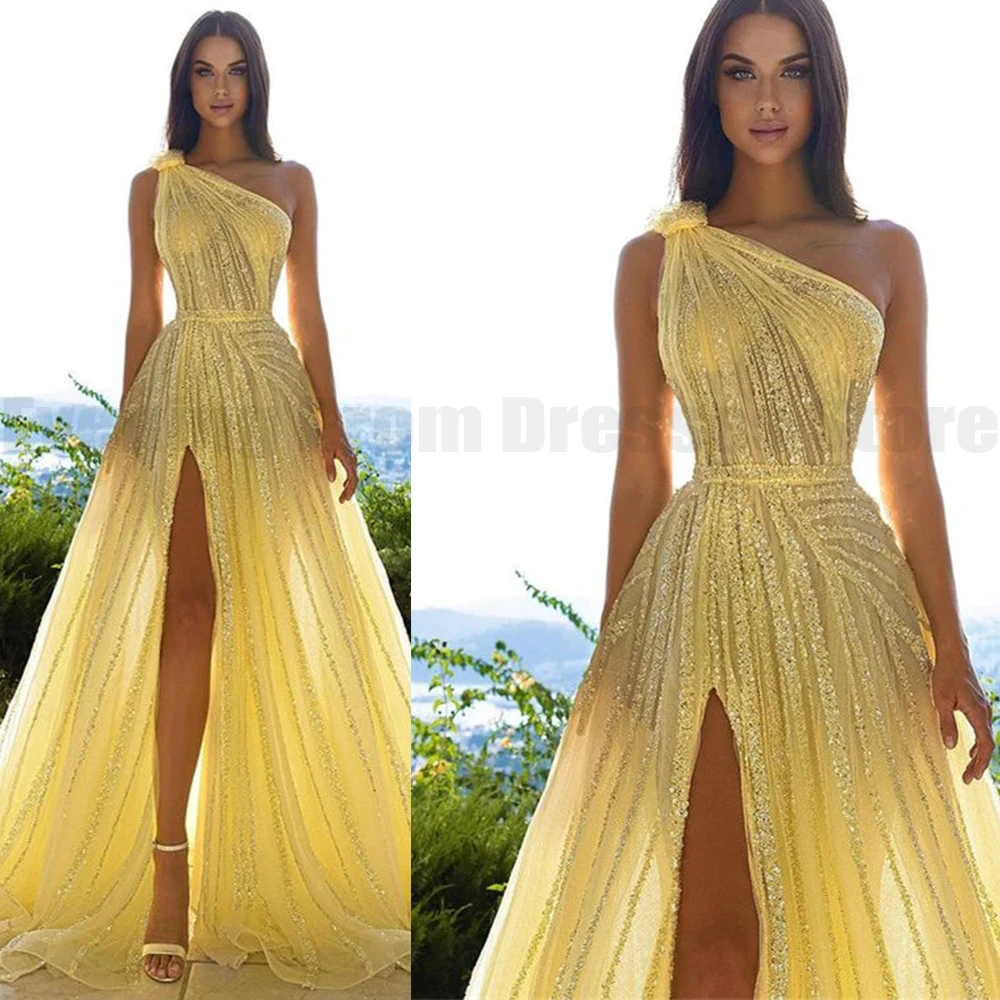 

Yellow Flash Prom Dresses Women's Elegant Sleeveless Princess Evening Gowns A-Line Formal Party Side Split 2023 Vestidos De Noch