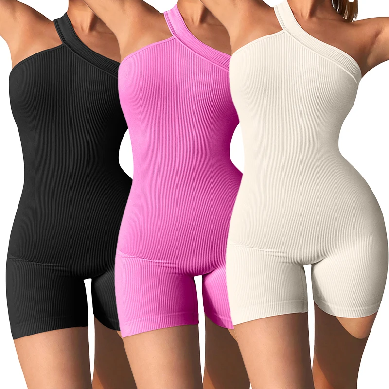 Women's Yoga Rompers One Piece Tummy Control Seamless Ribbed Jumpsuit One Shoulder One Piece Fashion Fitness Sportwear
