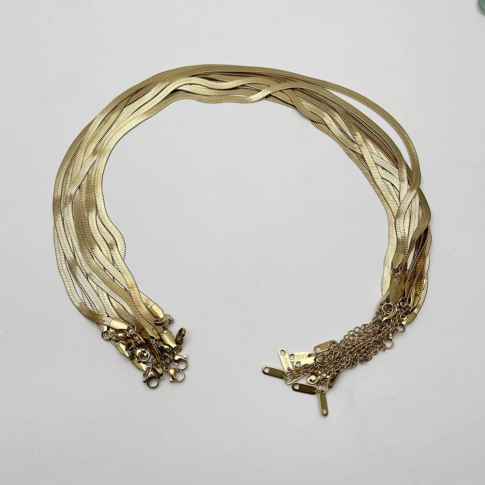 fashion Gold color flat chain 3MM 4MM 40cm + 5cm stainless steel cords good necklace jewelry lanyard pendant clasp lobster 12pc
