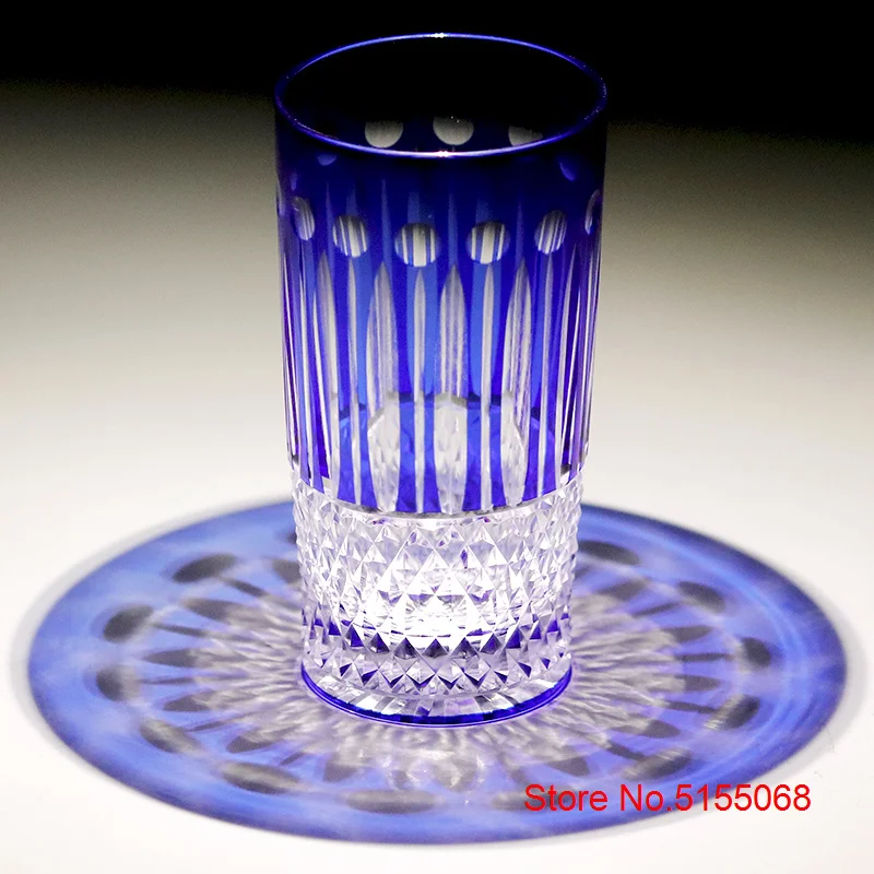 French Design Top Luxury Highball Whisky Glass Diamond Carving Royal Blue Crystal Wine Cup Whiskey Glass Water Drinking Tumbler