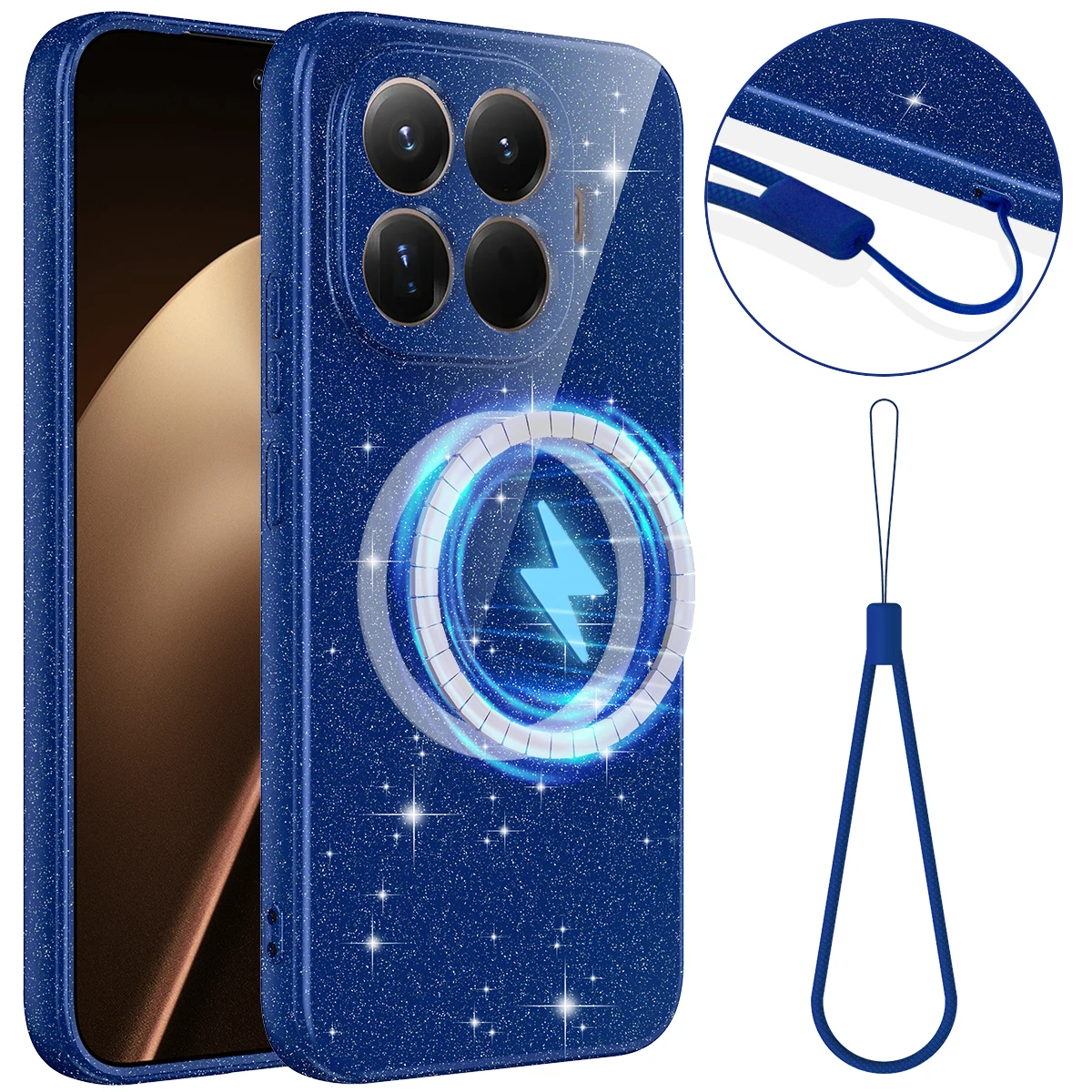 Glossy Glitter Liquid Silicone Shockproof Case with Lanyard and Built-in Magnetic