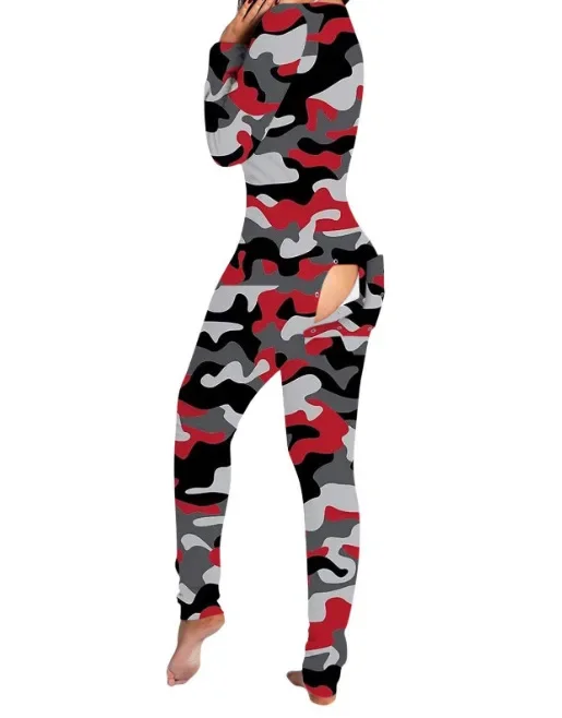 Women Home Wear Jumpsuit Printed Button-type Button-flip Adult Pajamas Long Sleeve Overall