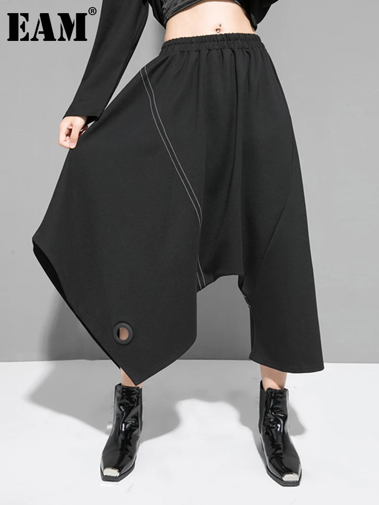 [EAM] High Elastic Waist Black Hollow Out Irregular Calf-Length Pants New Trousers Women Fashion Spring Autumn 2026  1DJ1820