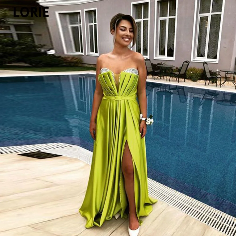 

LORIE Exquisite Pleat Green Long Prom Dresses 2022 Sweetheart With Pearls Floor Length Side Split Evening Gowns Robes De Soirée