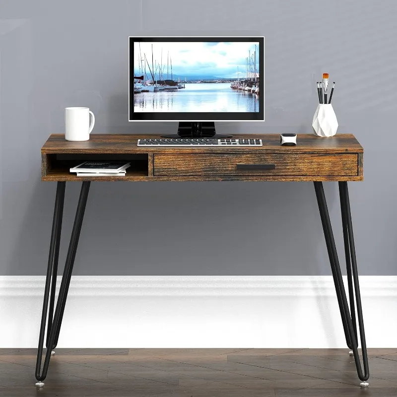 SHW Home Office Computer Hairpin Leg Desk with Drawer, Rustic Brown