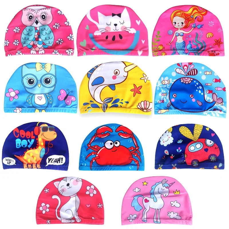 Swimming Cap for Children Elastic Fabric Cute Cartoon for Long Hair Lovely Kids Protect Ears Swim Pool Hat for Boys Girls Swim