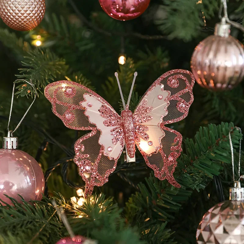 Christmas Tree Decoration Butterfly Hanging Pendant Glitter Red Gold Ornament for Navidad Noel New Year Home Party Decor