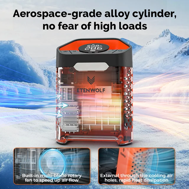 ETENWOLF ZEPHYR V3 Portable Car Compressor 160 PSI 100% Duty Cycle Car Tire Inflator 7800mAh For Cars Motorcycles Bicycles Balls 4