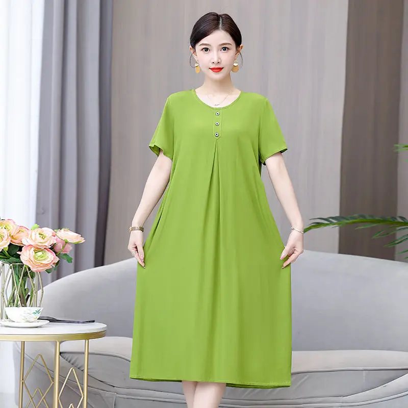 

2024 Women Summer Fashion Middle-Aged Mother Dress Female Short Sleeve Loose Dresses Ladies Long O-neck Casual Vestidos B38