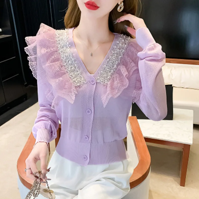 

Блузка женская шифоновая с длинным рукавом, модный Приталенный топ с V-образным вырезом и кружевами, шикарная французская Повседневная тонкая рубашка с оборками, оригинальный дизайн