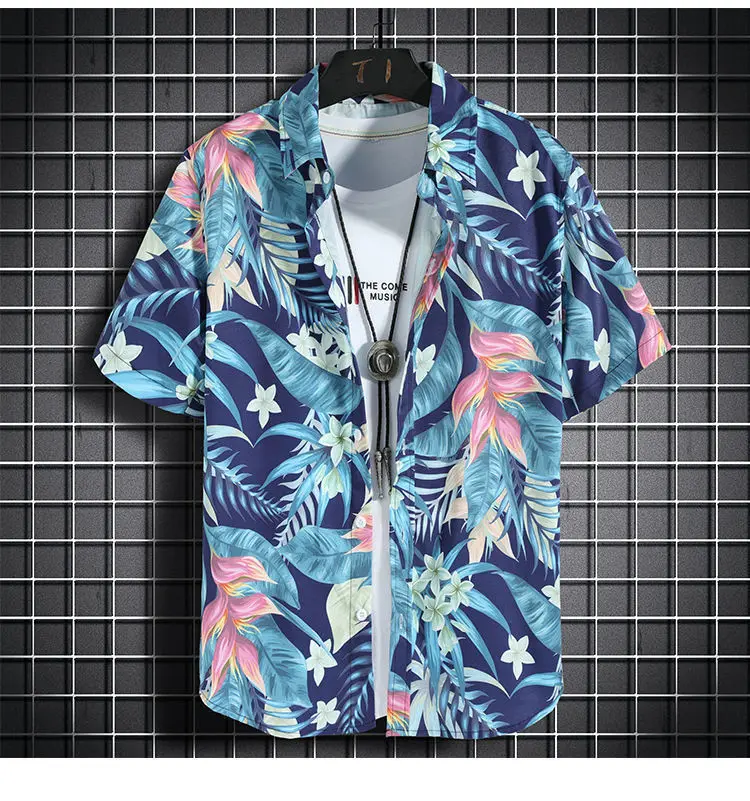 ￥Summer Korean men's beach pack 2-piece quick-drying Hawaiian shirt and shorts suit men's fashion clothing printing casual suit