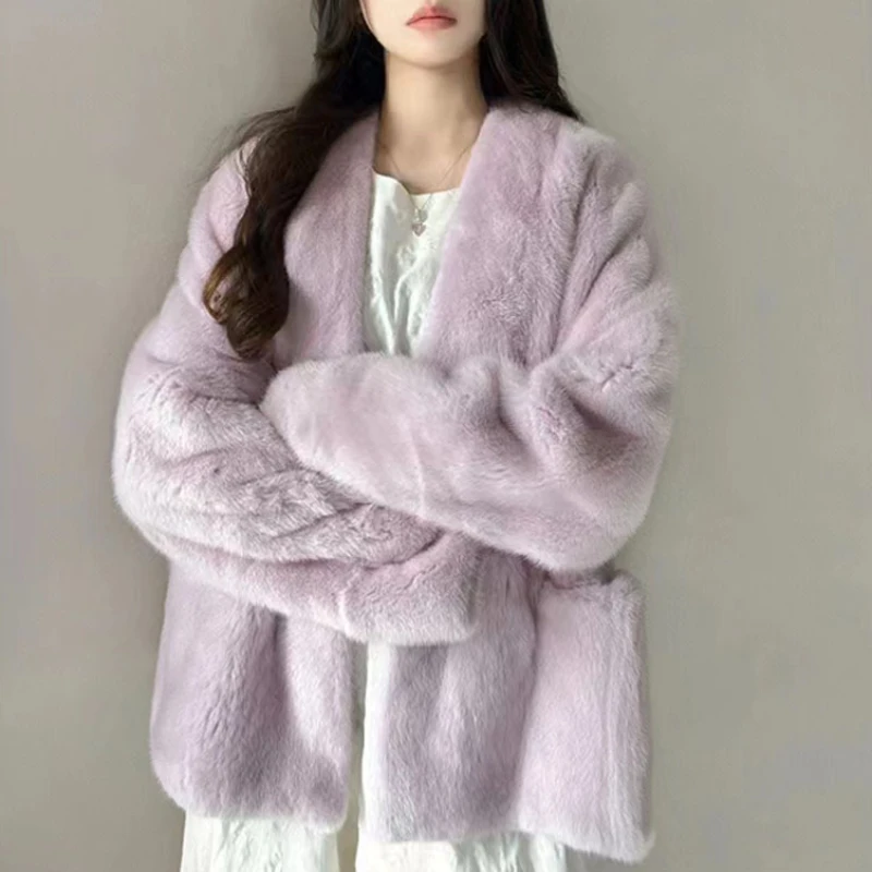 2023 Autumn Winter New Women Faux Fur Coat Fashion Casual Lamb Wool Outwear Mid Length Version Solid Color Outcoat Warm Parkas