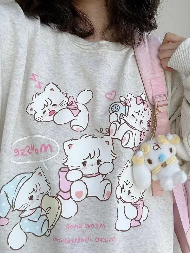 HOUZHOU Y2k Harajuku Kawaii Hoodie Women Japanese Fashion Cute Casual Cat Print Soft Gril Loose Sweatshirt Gray Preppy Style
