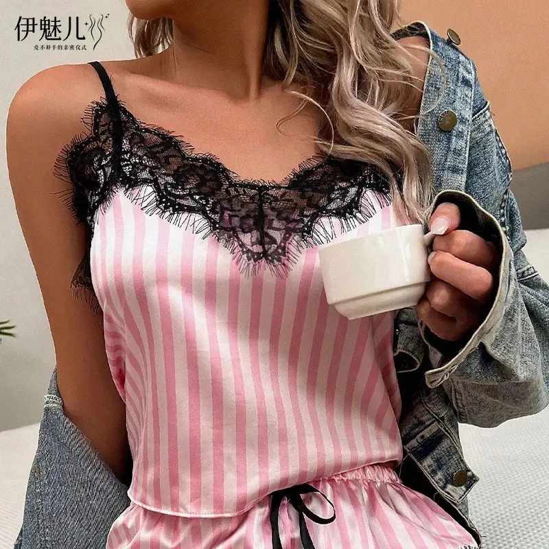 Women pajamas set two piece V-neck lace suspender pajama shorts sleeveless