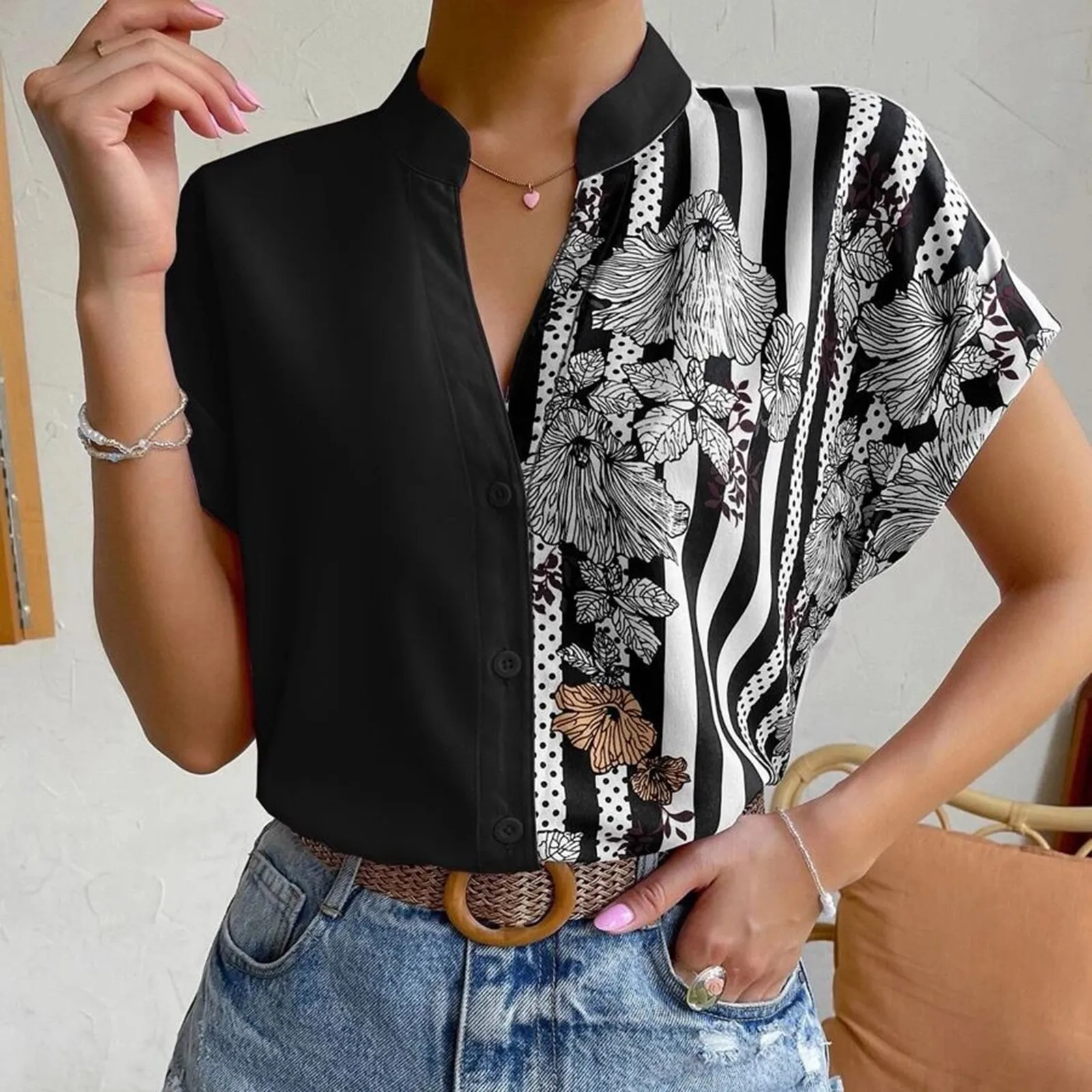 

Women'S Patchwork Graphic Shirts Striped Floral Print Blouses Button V Neck Raglan Sleeve Tops Casual Basic Collar Shirt Blusas