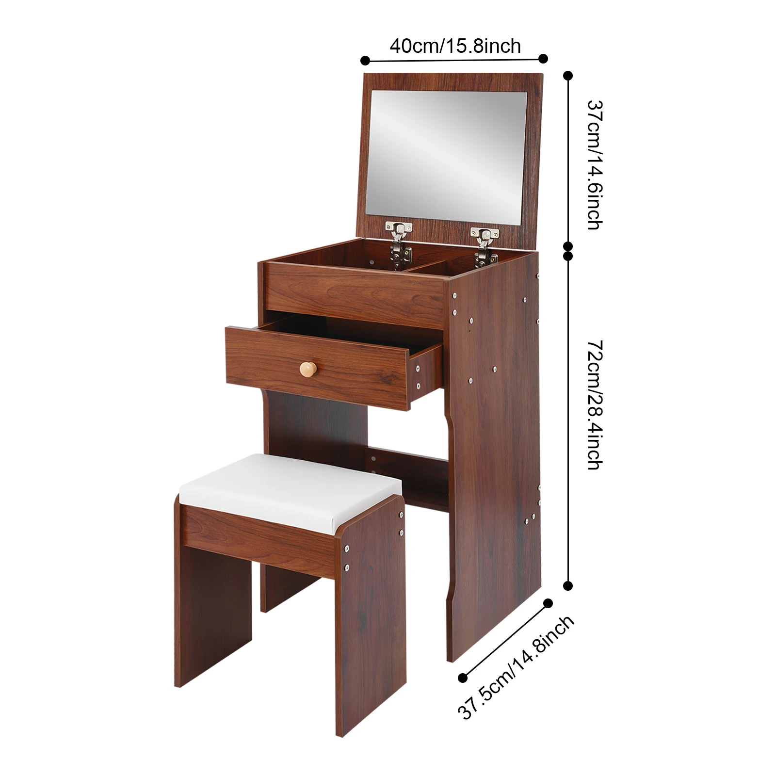 Schminktisch mit Spiegel, kompakter Make-up-Tisch mit Aufbewahrungsfächern und Hocker mit weichem Sitzkissen, Frisiertisch für Schlafzimmer – Detail 3