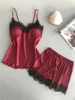 Vêtements de nuit d'été femmes pyjama costume mode col en v Stretch Satin nuisette dentelle Sexy Lingerie pyjamas sommeil ensemble short et haut