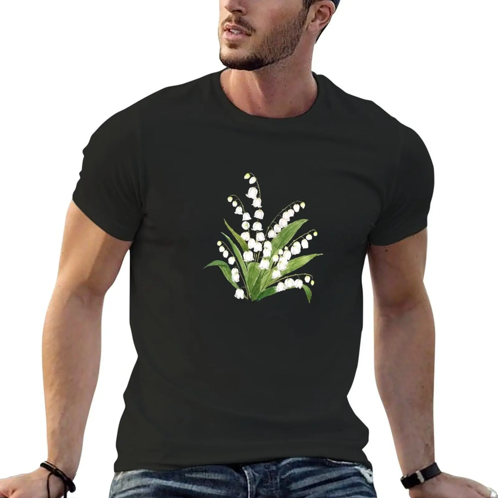 

hand painted white lily of valley watercolor T-Shirt graphic t shirts anime stuff kawaii clothes mens t shirts top quality