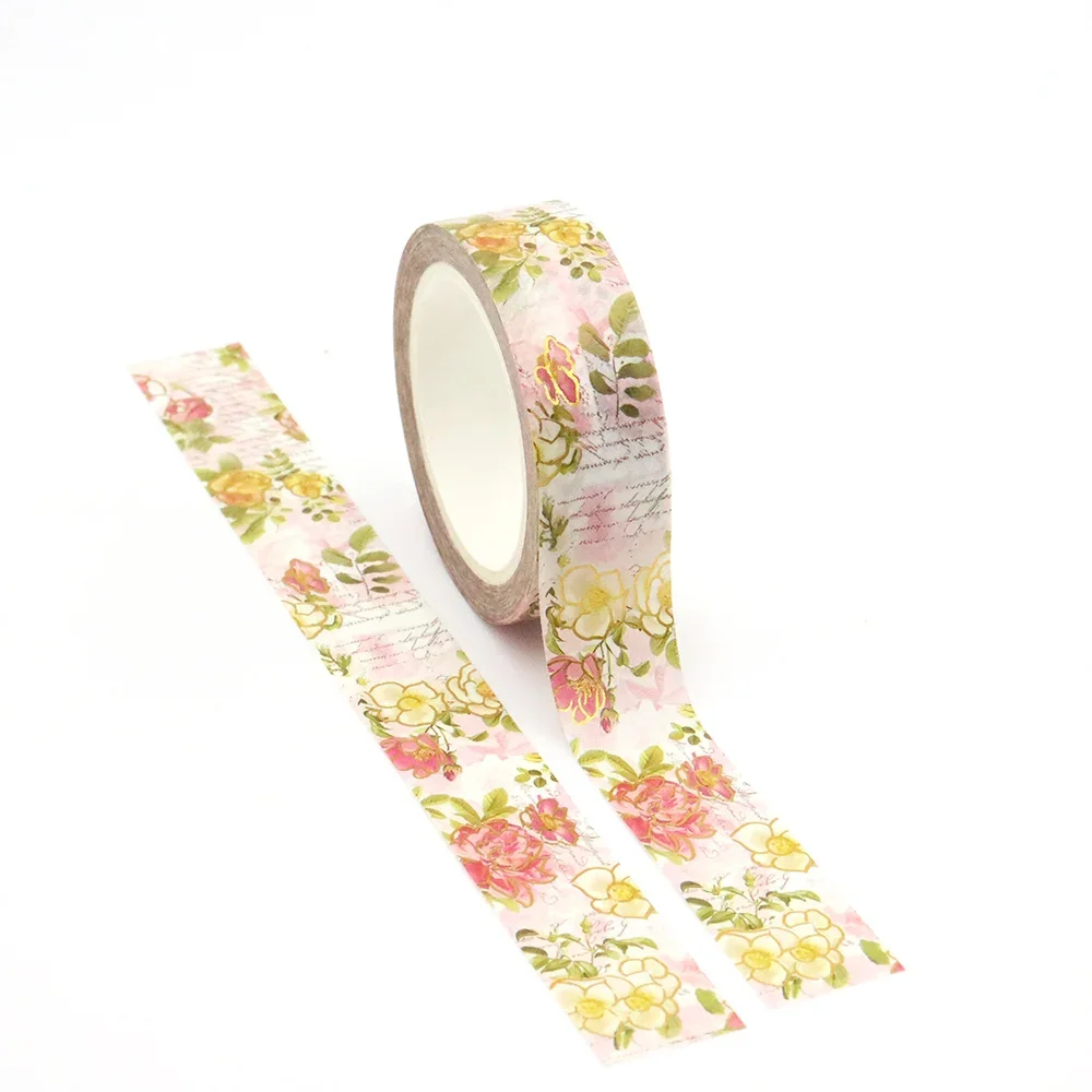

NEW 1PC 15mm x 10m Gold Foil Pink Romantic Floral Masking Adhesive Washi Tapes office supplies stationary tape stickers
