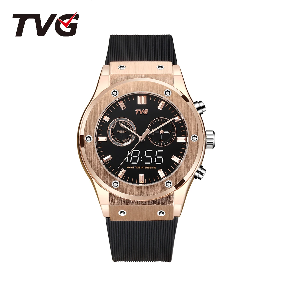 Luxury Watch TVG Waterproof Dual-Screen Watch Noble Rose Gold Color Matching Silicone Strap Electronic Gift Business