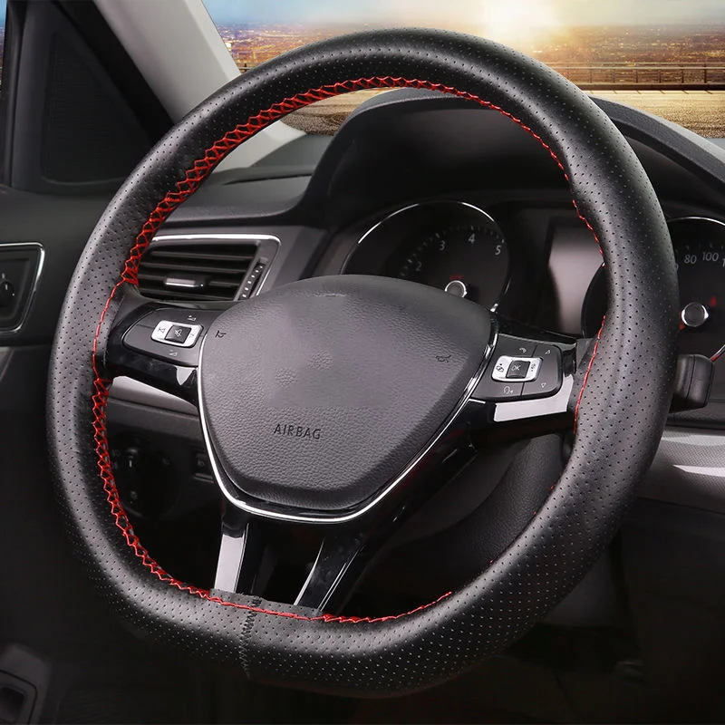 Steering Wheel Cover PU Leather Steering Wheel Cover Anti-Slip Braiding Cover For Steering Wheel Cowhide 37cm-38cm Protector