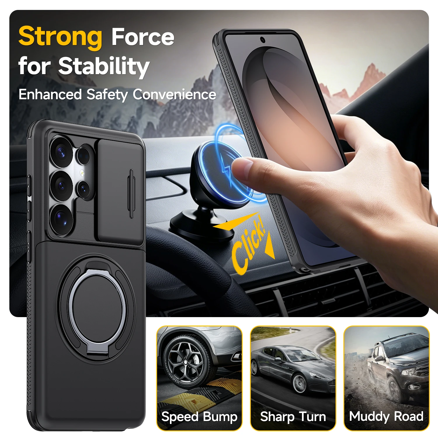 Stylish Heavy Armor Magnetic Case with Ring Kickstand & Wallet Cover