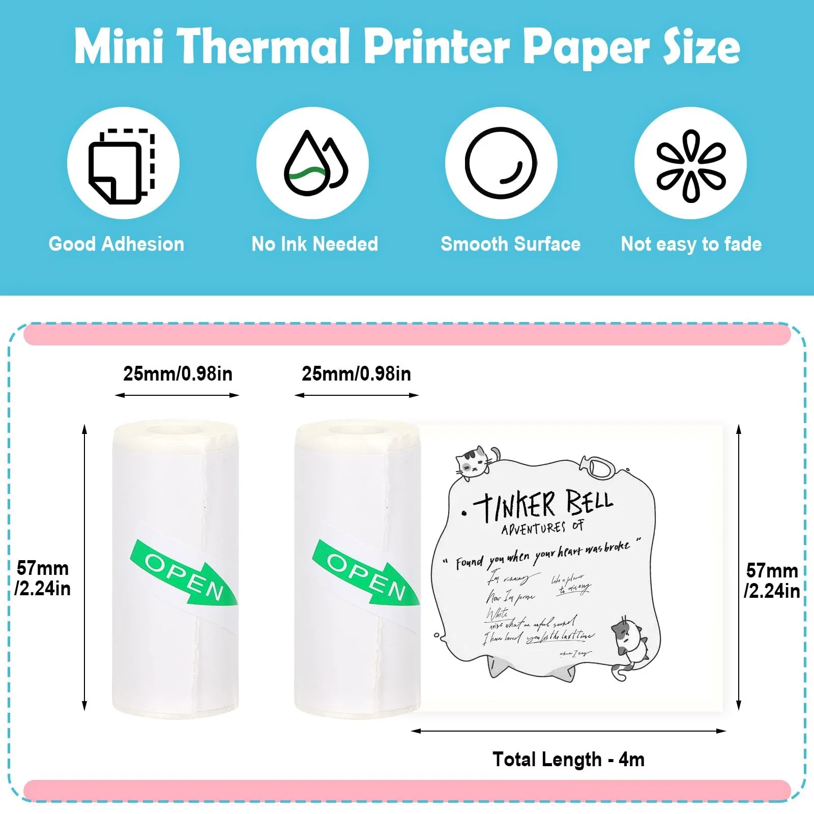 Mini Printer Paper Thermal Printer Sticker Paper for M02/T02 and 57mm Sticker Printer, 57x25mm, for Photo Journal Notes Memo