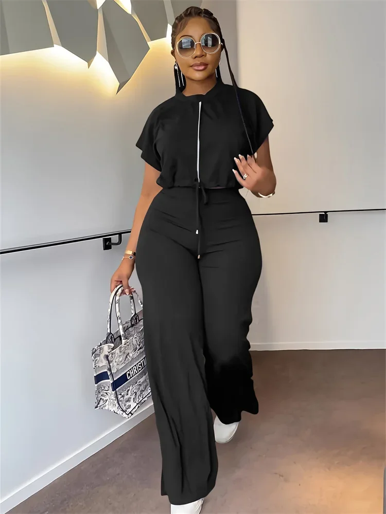 Wmstar Women Two Piece Set Casual Solid Color Short Sleeve Drawstring Zipper Jacket + Streetwear Straight Pants Matching Outfits