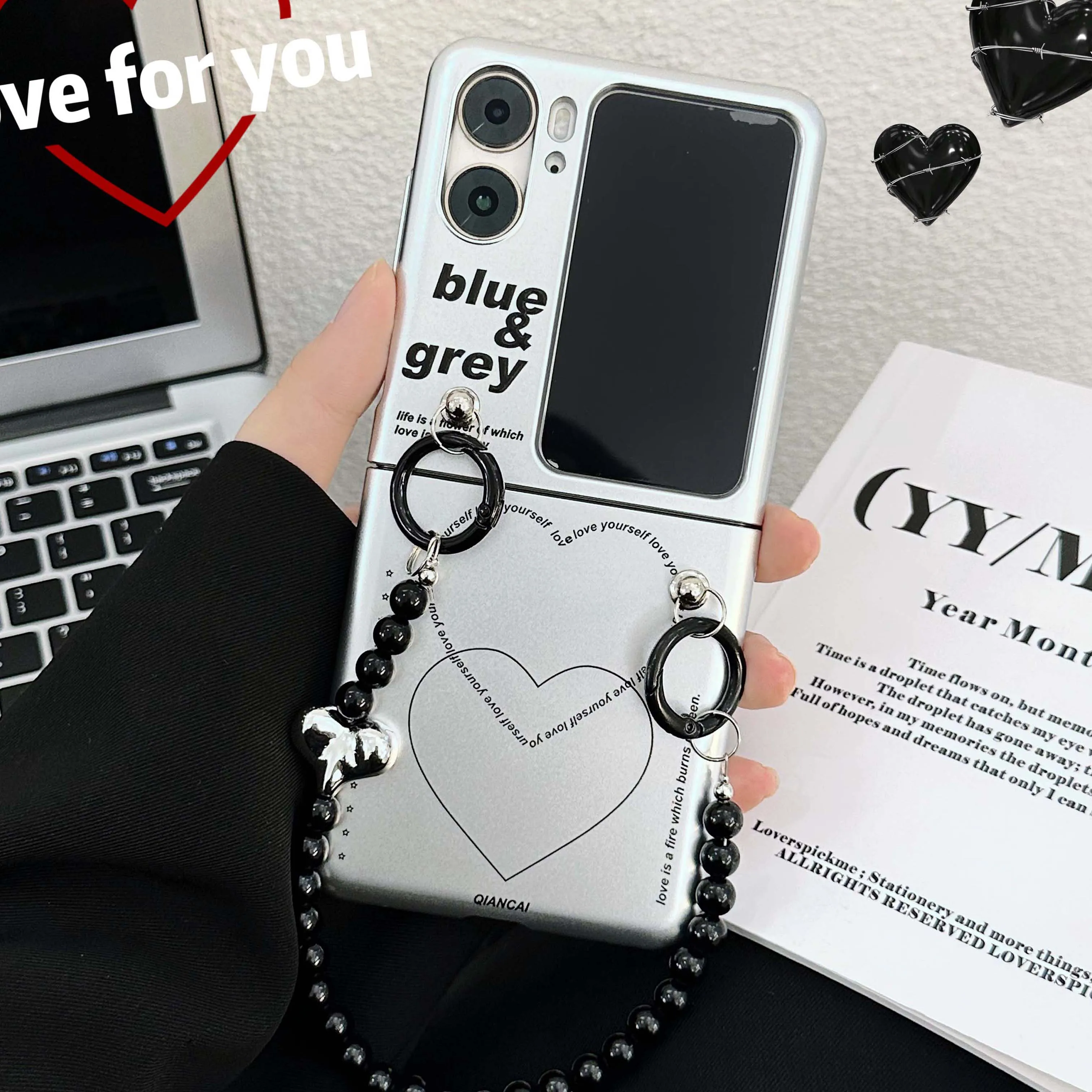 Ins Blue Grey Love Bracciale Label Lettera Capa Per Oppo Find N2 Flip Conque N2Flip N 2 5G Cassa Del Telefono Placcata Argento Conque