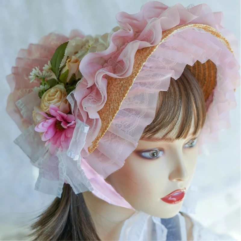 

Teas Party SunHat Lolit Straw Hat Lace Fascinators For Women Victorian Bonnet
